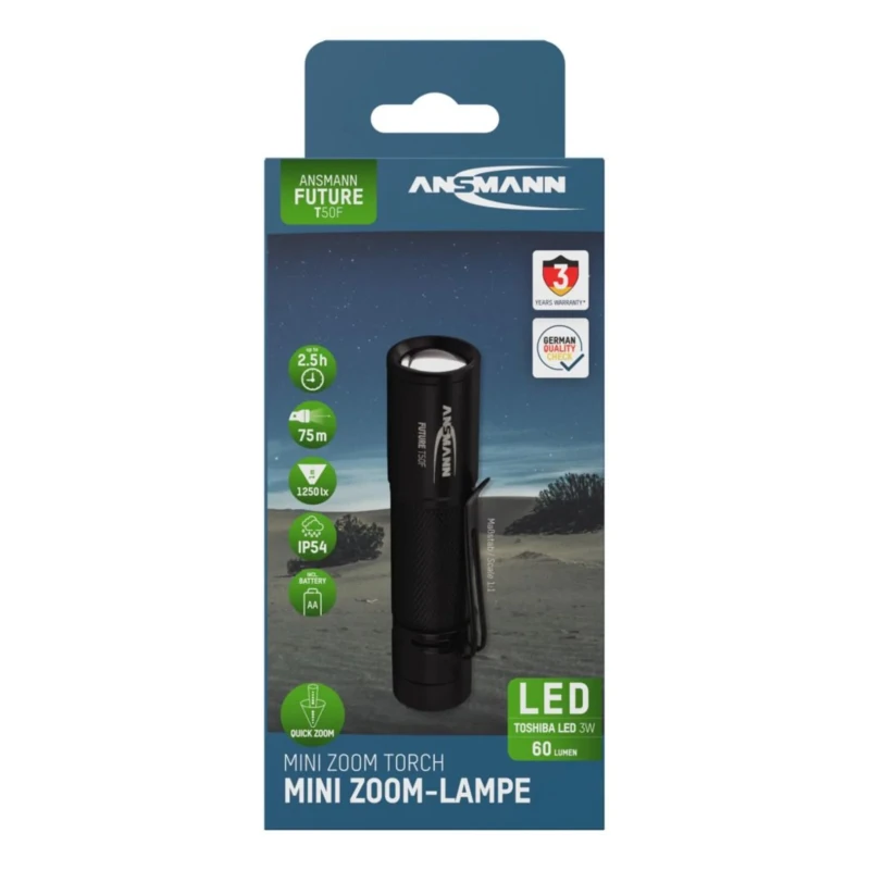 Ansmann LED Torch Black 60 lm, Aluminium Housing, IP54, 75m Beam Distance, AA Battery 1600-0159-520