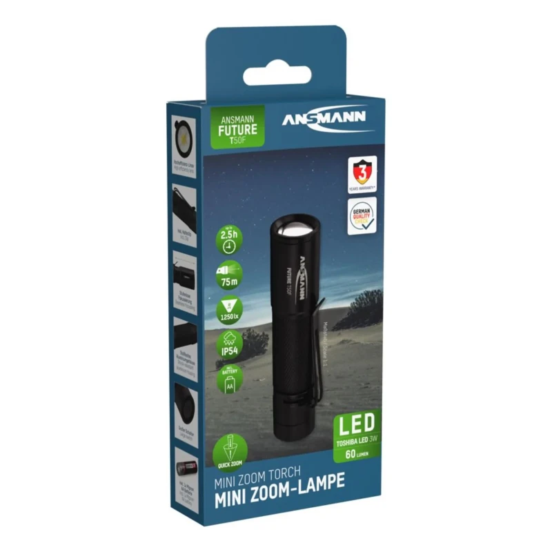 Ansmann LED Torch Black 60 lm, Aluminium Housing, IP54, 75m Beam Distance, AA Battery 1600-0159-520
