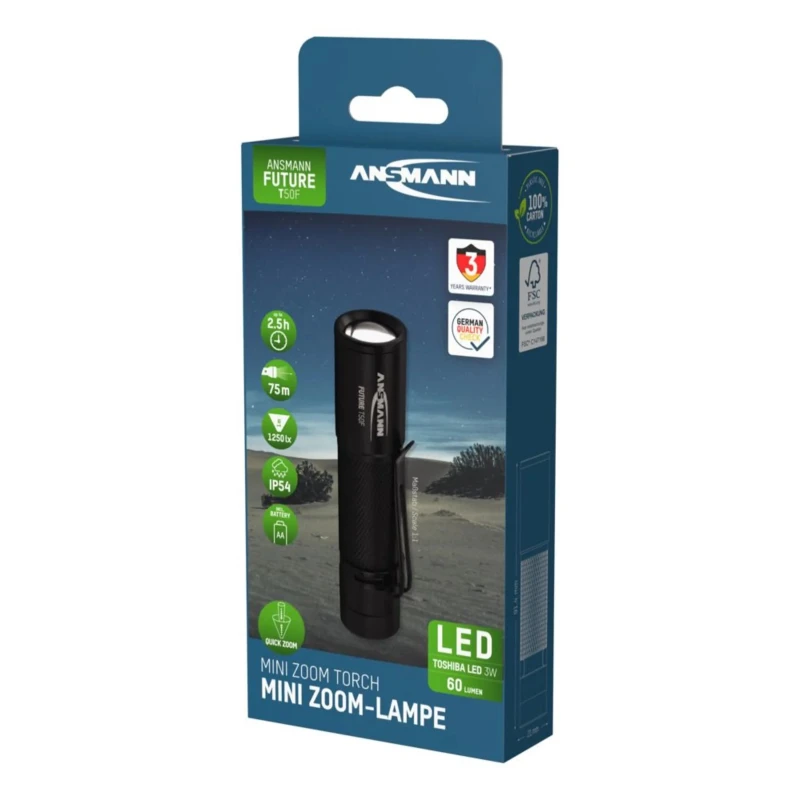 Ansmann LED Torch Black 60 lm, Aluminium Housing, IP54, 75m Beam Distance, AA Battery 1600-0159-520