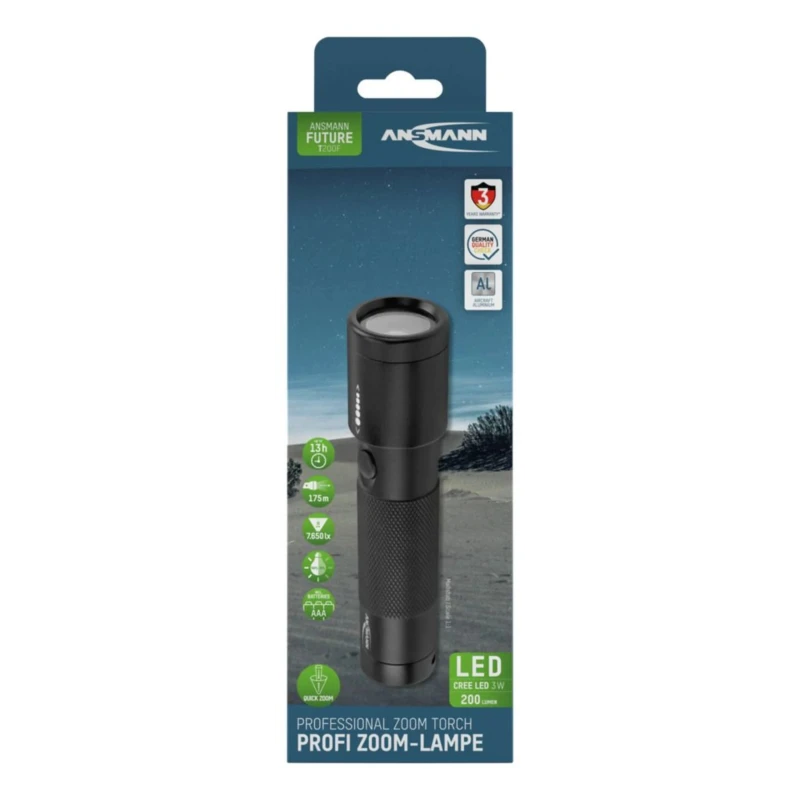 Ansmann Aluminium Housing LED Torch Black 200 lm, 135 mm with 3 AAA Alkaline Batteries T200F 1600-0138-520