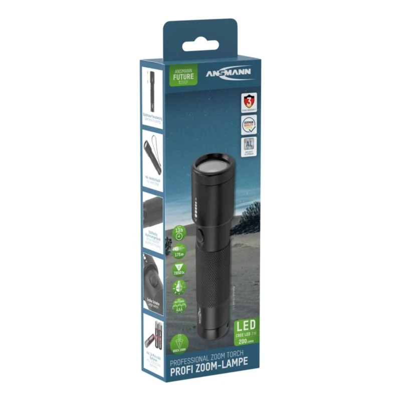 Ansmann Aluminium Housing LED Torch Black 200 lm, 135 mm with 3 AAA Alkaline Batteries T200F 1600-0138-520