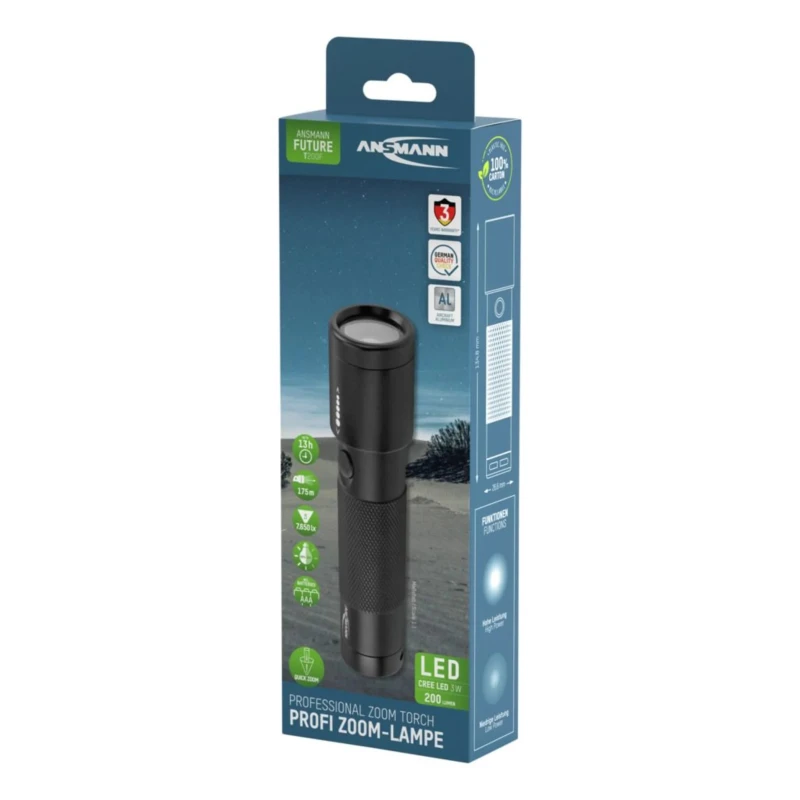 Ansmann Aluminium Housing LED Torch Black 200 lm, 135 mm with 3 AAA Alkaline Batteries T200F 1600-0138-520