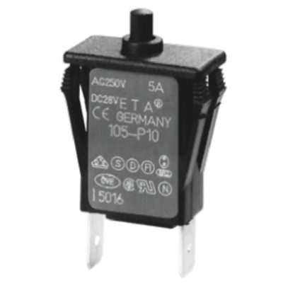 ETA Thermal Circuit Breaker 2A Current Rating, 1-Pole Base Mount, Blade Terminal, Model 105-P10-2A