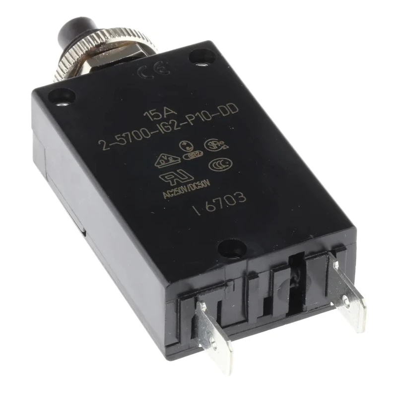 ETA 2 5700 Panel Mount Thermal Circuit Breaker 15A Current Rating 1-Pole 250V AC 50V DC 2-5700-IG2-P10-DD-000040-15A