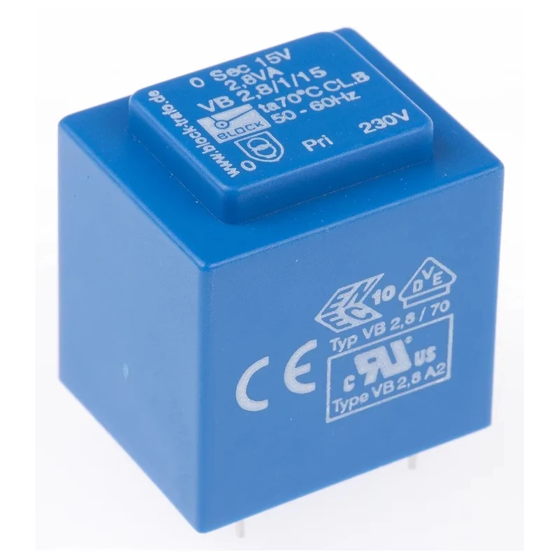 Block PCB Transformer 15 V ac, 2.8 VA Power, Pin Mount, 32.3x27.3x34 mm Dimensions VB 2,8/1/15