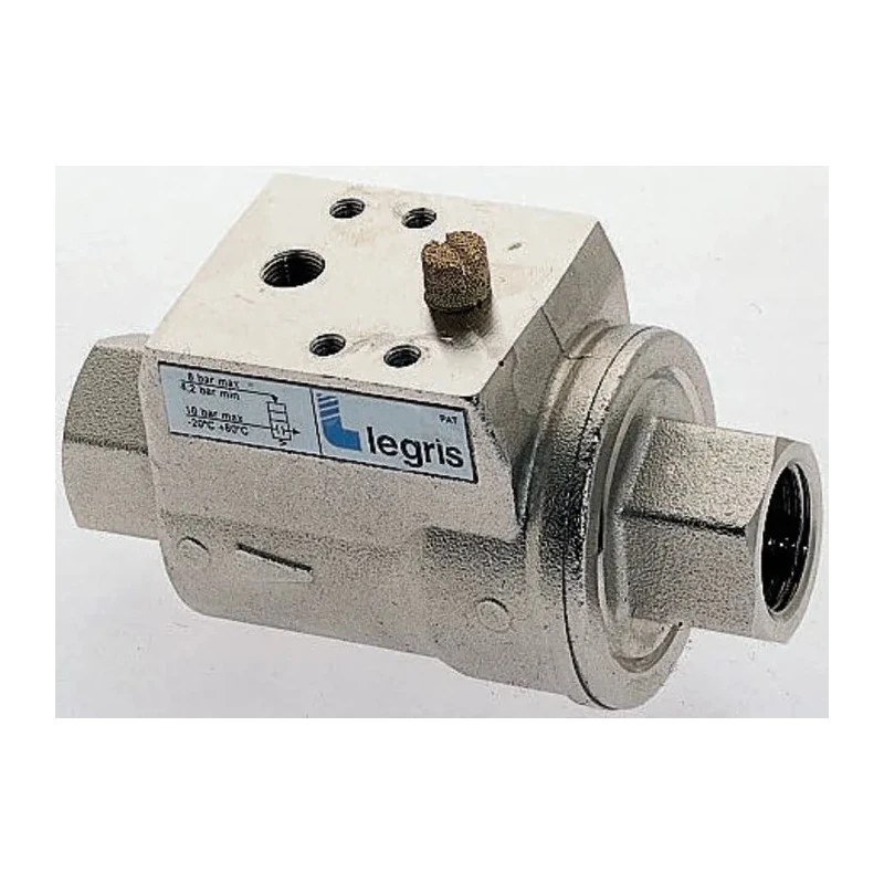 Legris Axial Type Pneumatic Actuated Valve, Threaded 3/8 in, 10 bar, NC, Brass Body Nickel Plated 4202 10 17 20