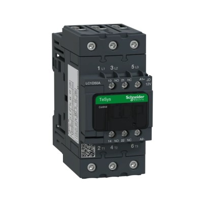 Schneider Electric LC1D Contactor, 12V DC Coil, 3-Pole, 50A, 33kW Power Rating, DIN Rail Mount LC1D50AJD
