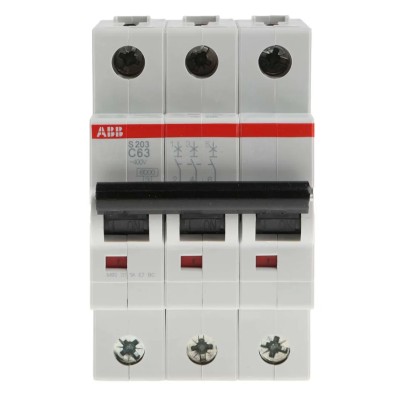 ABB System Pro M Compact S200 Miniature Circuit Breaker 3-Pole 63A Type C 400V AC 12V DC 6kA 2CDS253001R0634 S203-C63