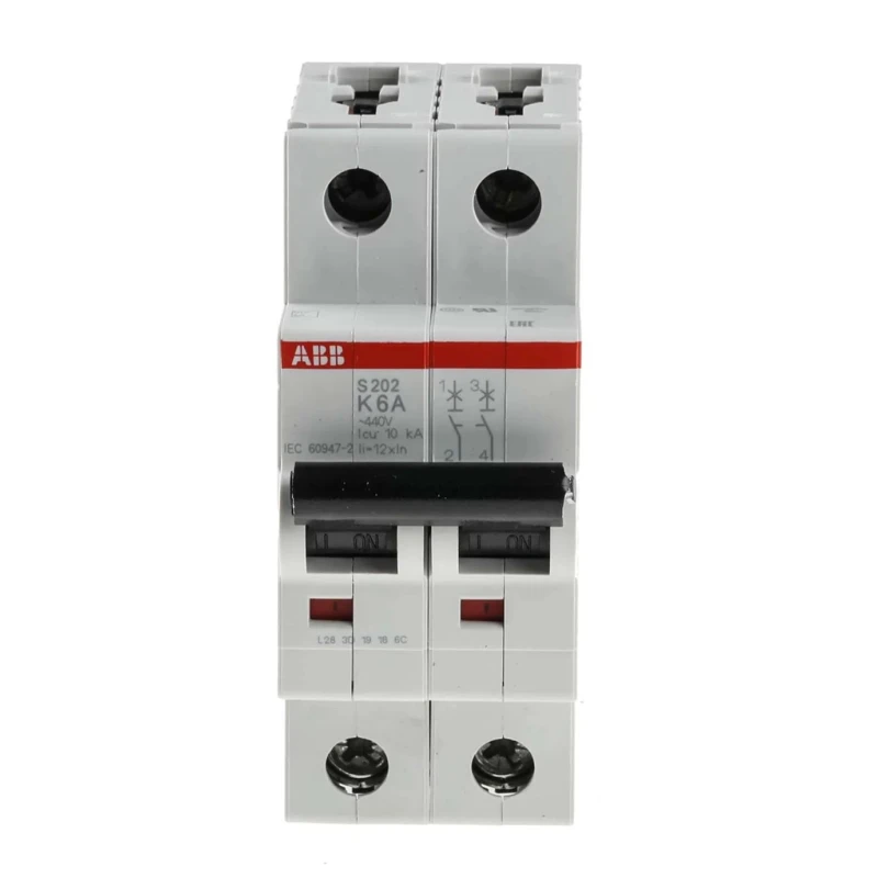 ABB System Pro M Compact S200 Miniature Circuit Breaker 2-Pole 6A Type K 400V AC 125V DC 6 kA 2CDS252001R0377 S202-K6
