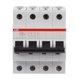 ABB System Pro M Compact S200 Miniature Circuit Breaker 4-Pole 20A Type K 400V AC 6 kA Breaking 2CDS254001R0487 S204-K20