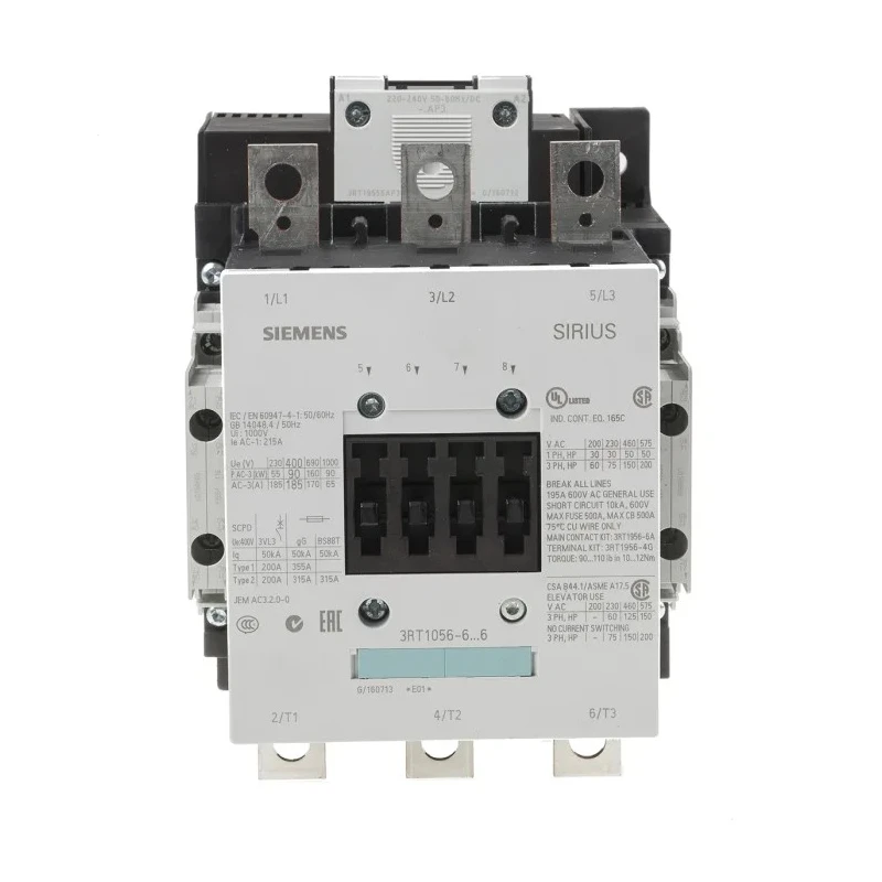 Siemens Motor Control Contactor 3RT1056-6AP36, 230V AC Coil, 3-Pole, 185A, 90 kW, 3 NO Contacts, 400V AC
