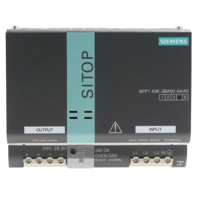 Siemens SITOP MODULAR PLUS Switched Mode DIN Rail Power Supply 3-Phase 550V AC Input 24V DC, 20A Output 6EP1436-3BA00-8AA0