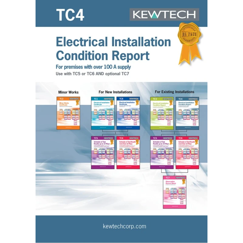 Kewtech Corporation Electrical Installation Certificate 40 Sheets Inspection and Test Schedule UK BS 7671:2018 TC4