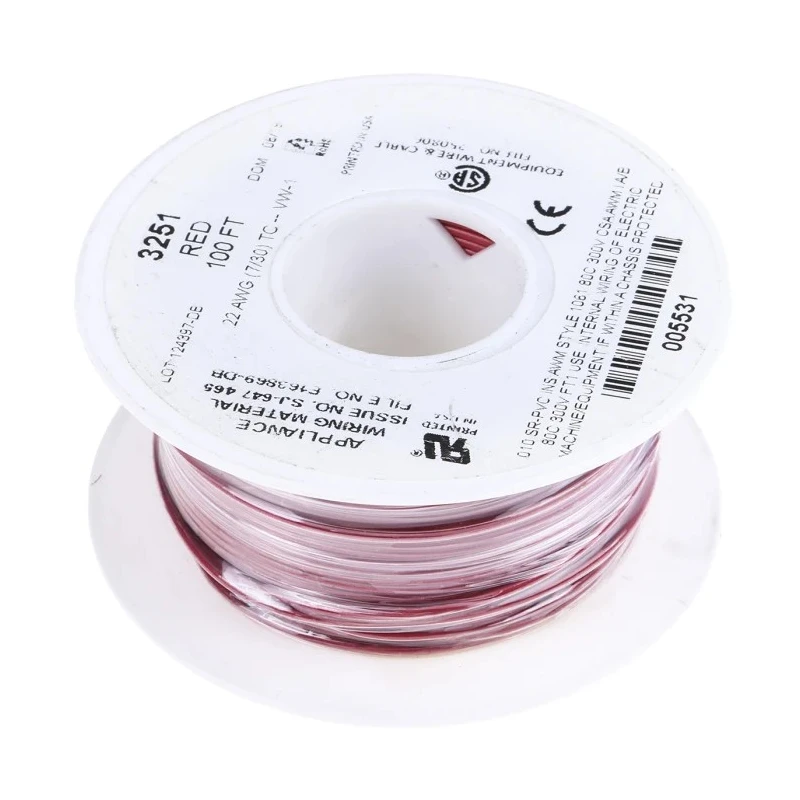 Alpha Wire Hook Up Wire PVC Series Red 22 AWG Tinned Copper Conductor, 7x0.25 mm Strands, 30 m Length, 300V 3251 RD005
