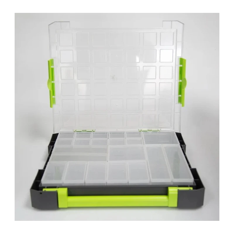 RS PRO Adjustable Compartments 21 Cell Transparent Grey Green Polypropylene Compartment Box 425 mm x 375 mm x 70 mm 767-4973