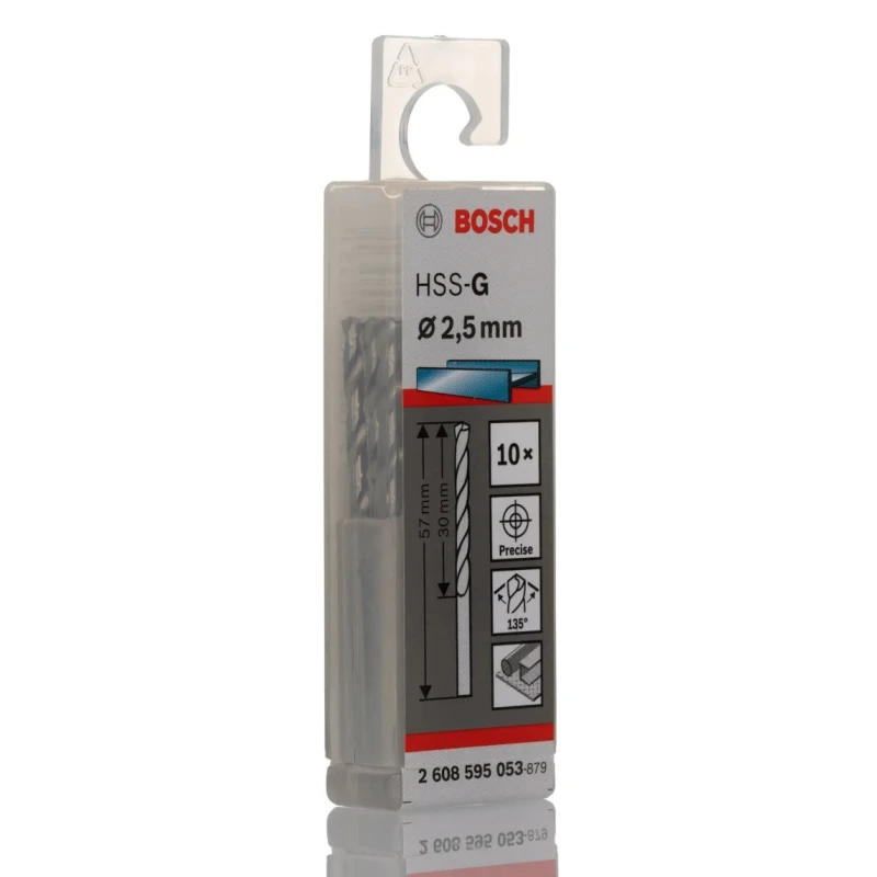 Bosch High-Speed Steel HSS-G Drill Bit 2.5mm Diameter, 57mm Overall Length, Cylindrical Shank, 10 Pieces 2608595053