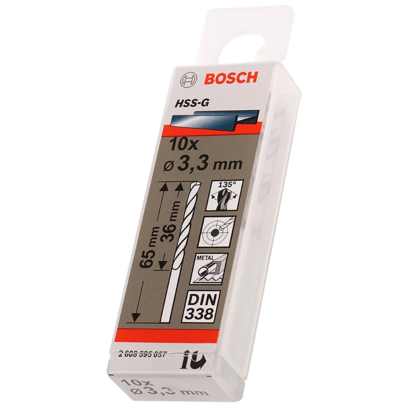 Bosch High-Performance HSS-G Helical Drill Bit Set 3-Flute 3.3mm Shank Size, 65mm Overall Length, 135° Point 2608595057
