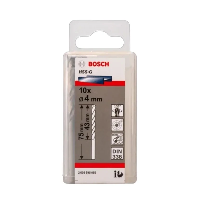 Bosch High-Speed Steel Drill Bit HSS-G 4mm Diametre Cylindrical Shank Polished Finish 10 Pcs 2608595059