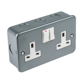 RS PRO Grey 2 Gang 13A Switched Surface Mount Type G British Plug Socket with Mild Steel Faceplate 230V 768-3517