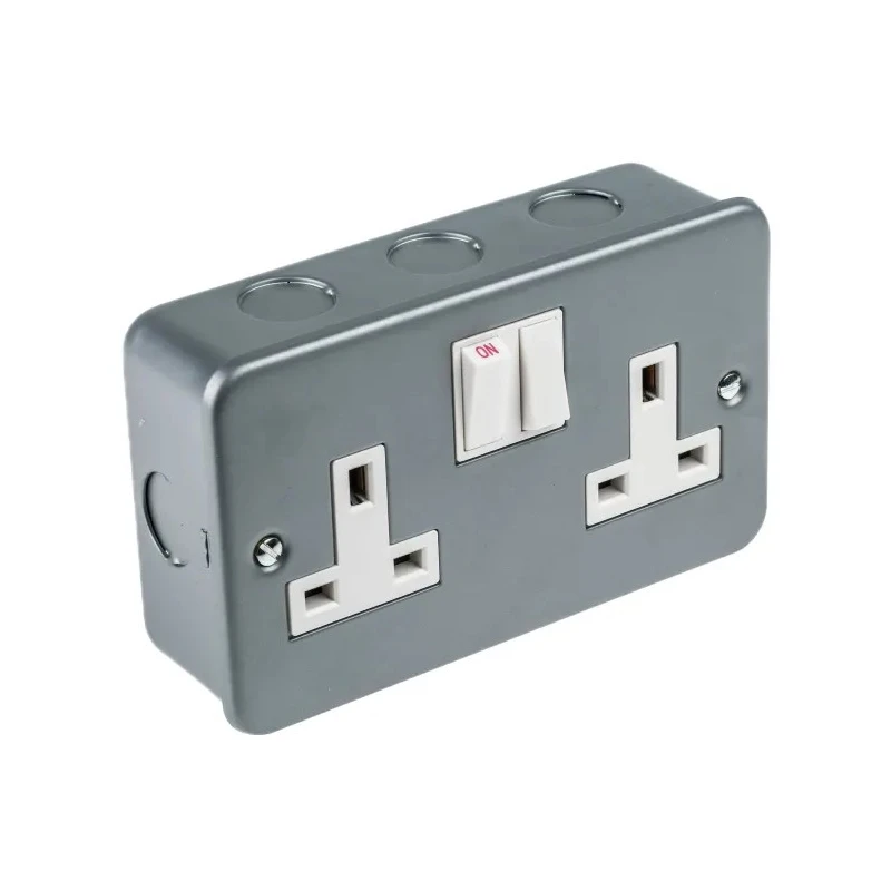 RS PRO Grey 2 Gang 13A Switched Surface Mount Type G British Plug Socket with Mild Steel Faceplate 230V 768-3517