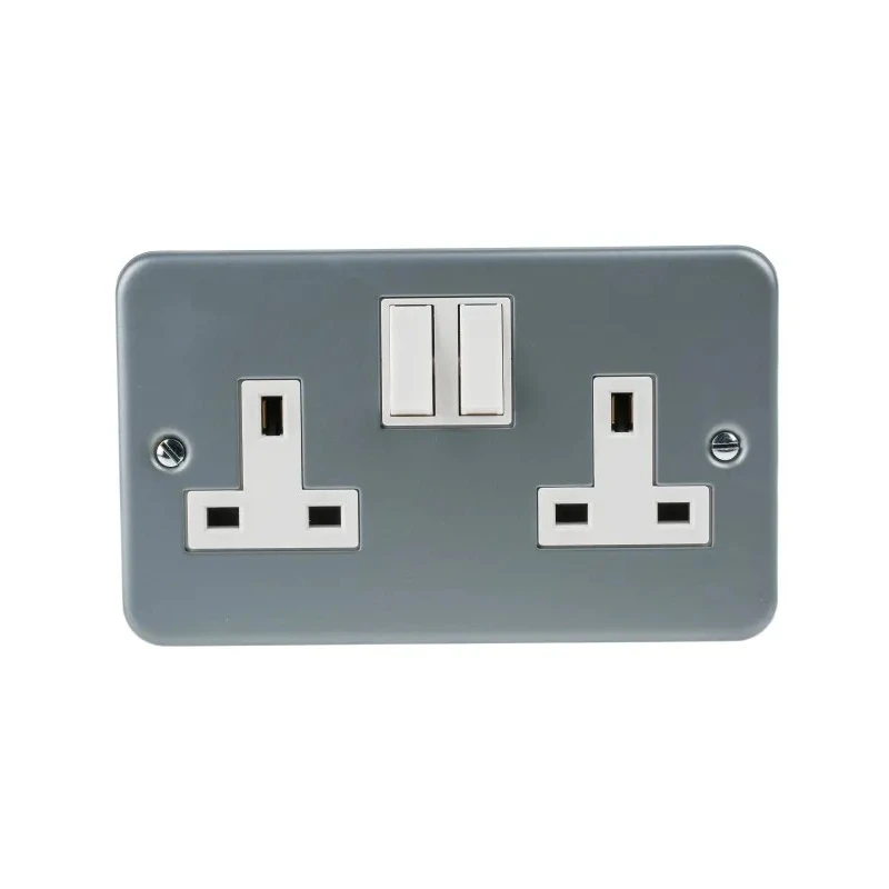 RS PRO Grey 2 Gang 13A Switched Surface Mount Type G British Plug Socket with Mild Steel Faceplate 230V 768-3517