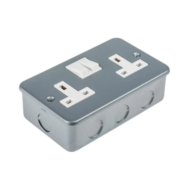 RS PRO Grey 2 Gang 13A Switched Surface Mount Type G British Plug Socket with Mild Steel Faceplate 230V 768-3517