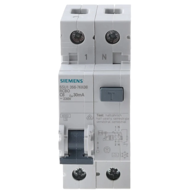 Siemens Residual Current Circuit Breaker with Overload Protection, 6A Current Rating, 1-Pole, 30 mA Trip 5SU1356-7KK06