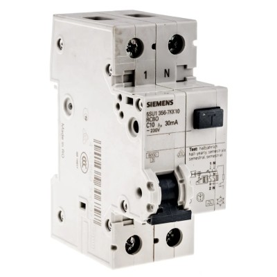 Siemens Residual Current Circuit Breaker with Overload Protection 10A Current Rating 1-Pole 30 mA Trip 5SU1356-7KK10