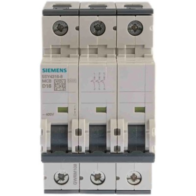 Siemens SENTRON Miniature Circuit Breaker 3-Pole, 16A, Type D, 400V AC, 60V DC, 10 kA Breaking Capacity 5SY4316-8