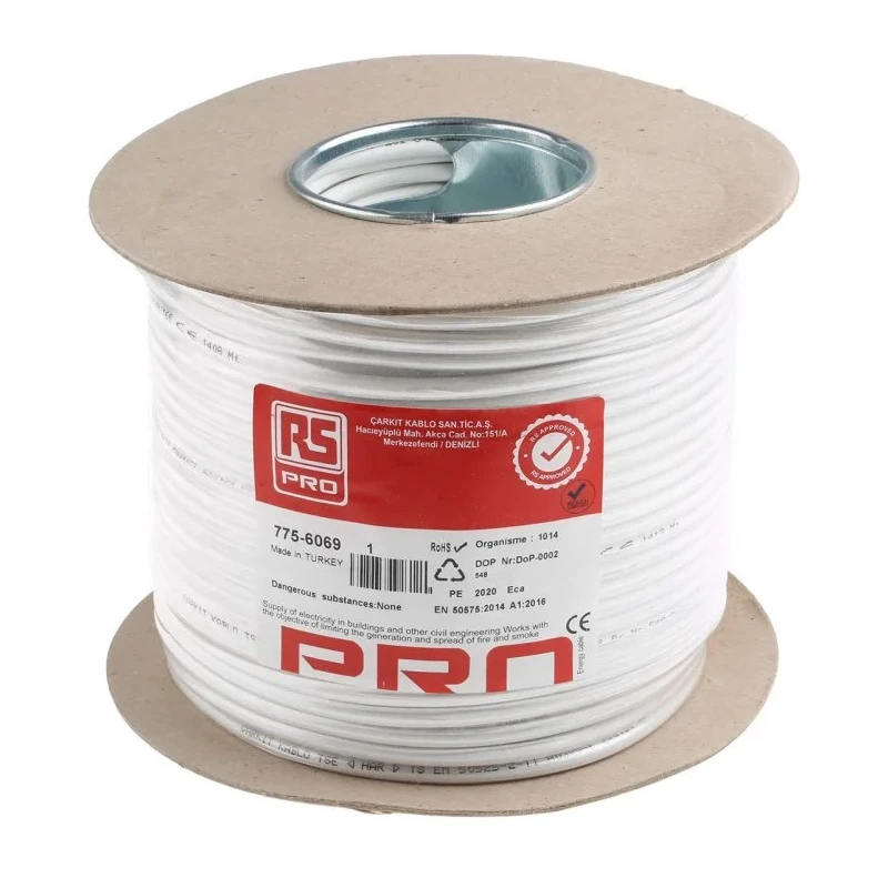 RS PRO 2 Core Power Cable, White 0.5mm² 70 °C, 100 m Polyvinyl Chloride 775-6069