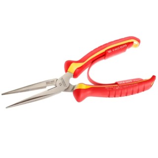 Facom 1-Piece Long Nose Plier Serrated, 200mm Overall, Ergonomic Anti-Slip Handle, VDE/1000V Approved 185A.20VE
