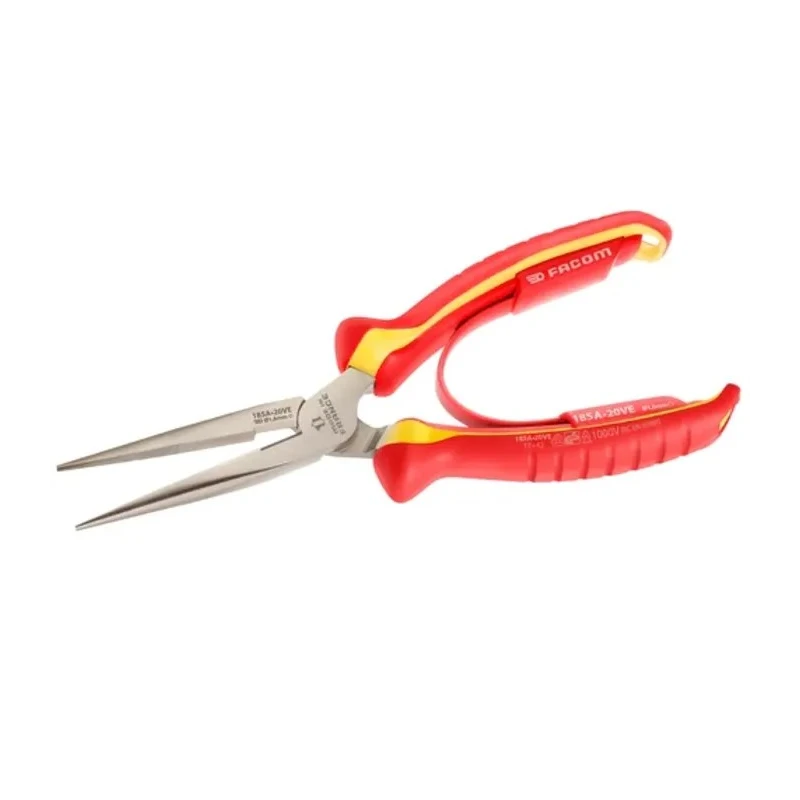 Facom 1-Piece Long Nose Plier Serrated, 200mm Overall, Ergonomic Anti-Slip Handle, VDE/1000V Approved 185A.20VE