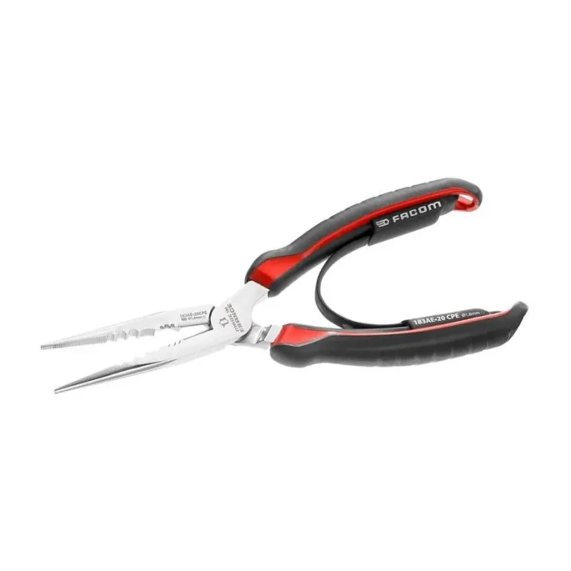Facom Long Nose Plier Serrated, Bi-Material Ergonomic Grip, High Carbon Steel, Chrome Finish, 200mm 183AE.20CPE