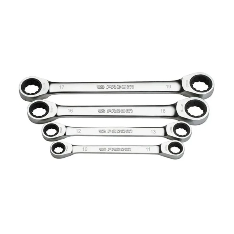 Facom Metric and Inch Straight Ratchet Ring Spanner Set Sizes 10x11, 12x13, 16x18, 17x19 mm 64.J4