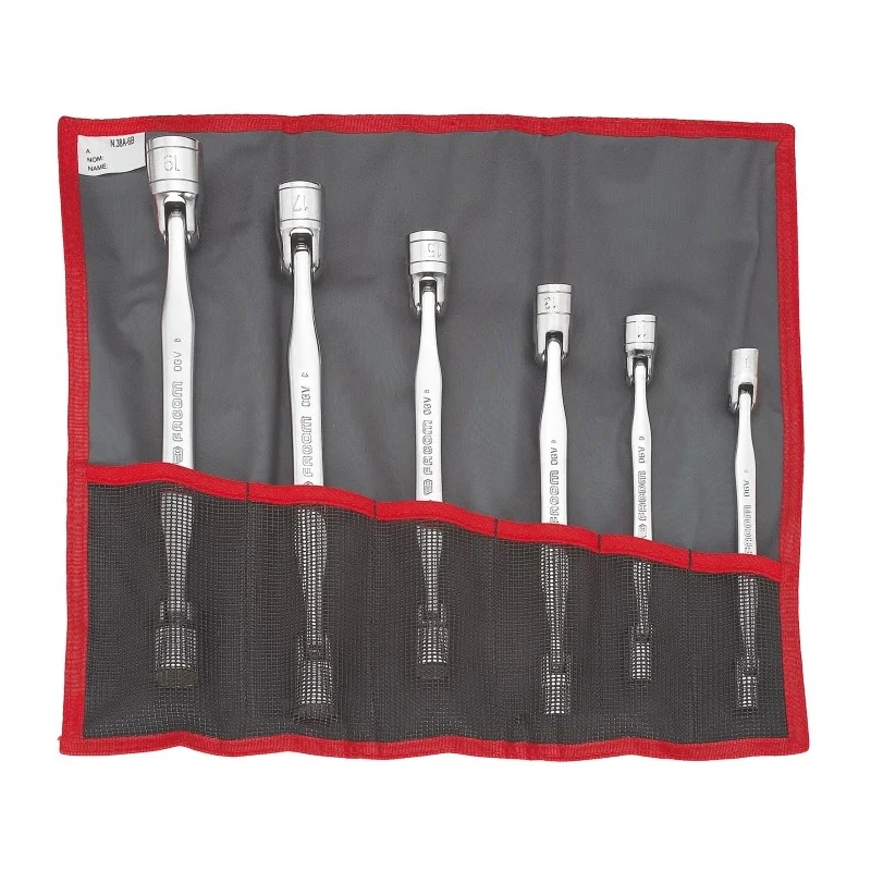Facom 8 x 9 to 18 x 19 mm Hex Drive Hinged Handle Round Head Satin Chrome Vanadium Steel Socket Wrench 360mm Overall 66A.JE6T
