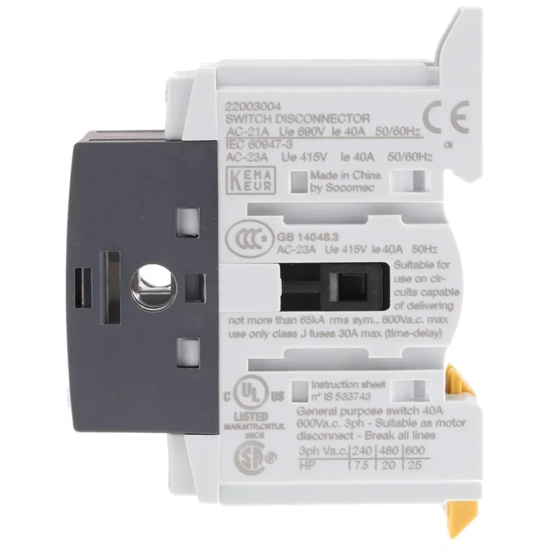 Socomec 3-Pole DIN Rail Isolator Switch 40A 18.5 kW IP20 415V ac Sirco M 