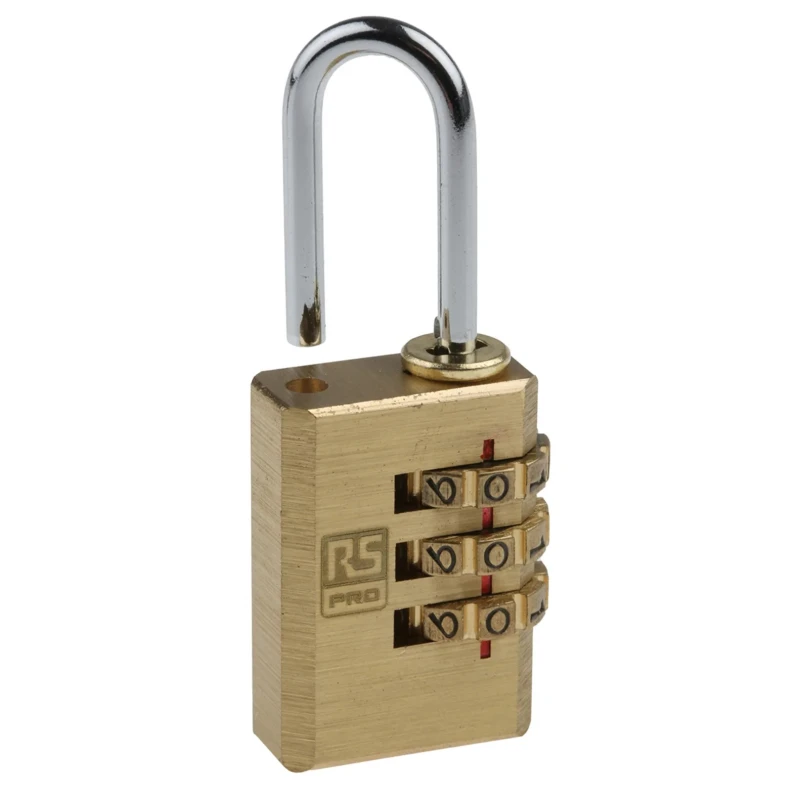 RS PRO Brass Combination Padlock 20mm Body 3mm Shackle 3-Digit Code 781-6032