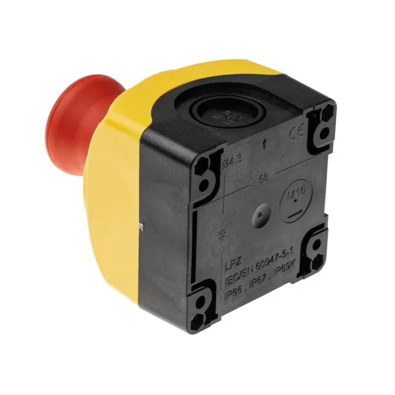 Lovato Electric S1PY Series Twist Release Emergency Stop Push Button, Surface Mount, 1 NC, IP69K, IP67, IP66 