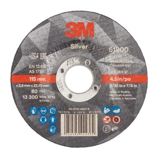 3M Silver Aluminium Oxide Abrasive Wheel 115 mm Diameter x 2.5 mm Thickness Fine Grade 36+ Grit 25 Per Pack 51800