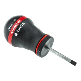 Facom Stubby Screwdriver with 35 mm Silicon Chrome Manganese Steel Blade, 91 mm Overall Length, Insulated, Ball Handle AT4X35