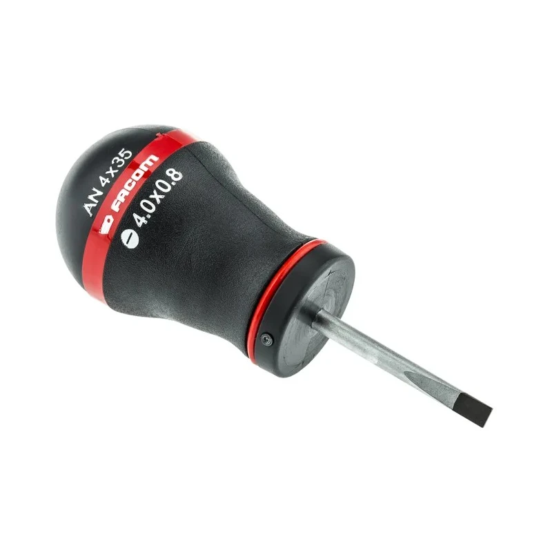 Facom Stubby Screwdriver with 35 mm Silicon Chrome Manganese Steel Blade, 91 mm Overall Length, Insulated, Ball Handle AT4X35