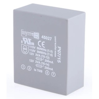 Myrra 12 V AC 2 Output PCB Transformer, EN 60950, CEI 85, UL 1585, EN 61558-2-6, CEI 126 45027