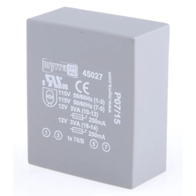 Myrra 12 V AC 2 Output PCB Transformer, EN 60950, CEI 85, UL 1585, EN 61558-2-6, CEI 126 45027