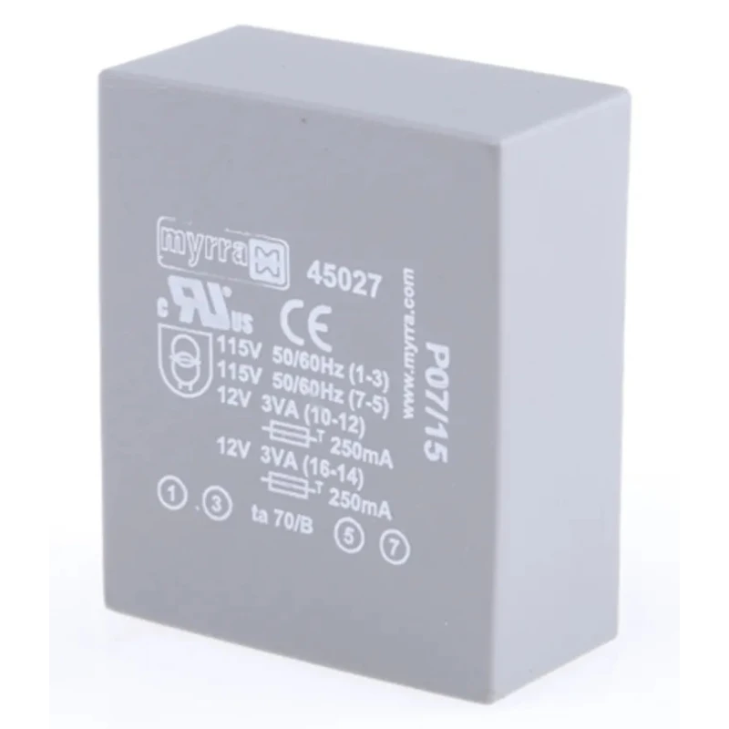Myrra 12 V AC 2 Output PCB Transformer, EN 60950, CEI 85, UL 1585, EN 61558-2-6, CEI 126 45027