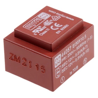 Myrra 12 V ac 2 Output PCB Transformer, UL 5085, EN 61558-2-6, EN 60950, 1.8 VA 44057