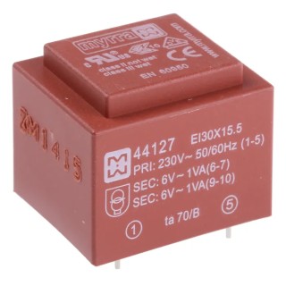 Myrra 6 V AC 2 Output PCB Transformer EN 61558-2-6 2 VA 230 V AC 50-60 Hz 44127