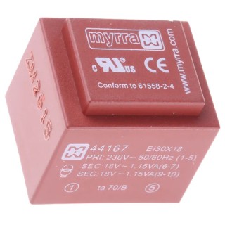 Myrra 18 V AC 2 Output PCB Transformer EN 61558-2-6 2.3 VA 230 V AC 44167