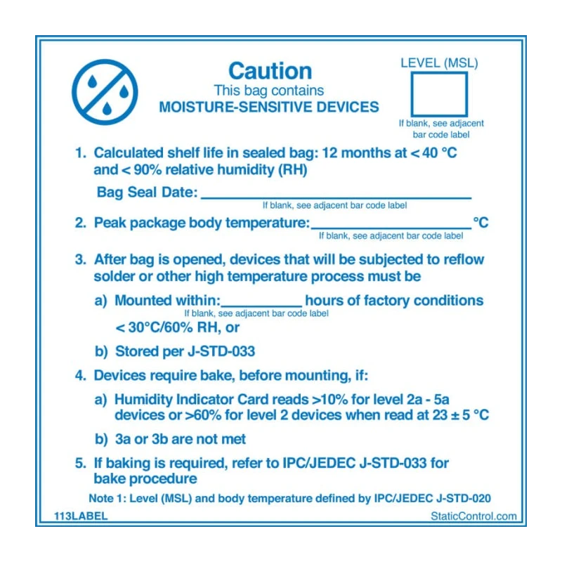 SCS Blue Paper ESD Label Moisture Sensitive Caution Label 102 mm x 102 mm 113LABEL