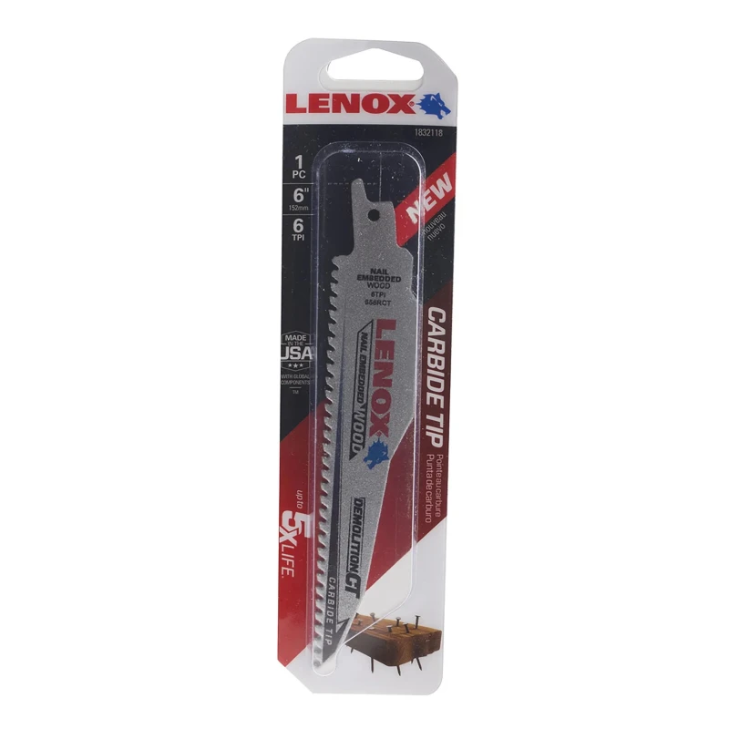 Lenox Reciprocating Saw Blade Carbide Tip 152 mm Length 22 mm Width 1.3 mm Thickness 6 Teeth Per Inch 1832118