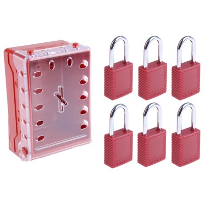Brady Lockout Station 6 Padlocks Red Plastic COMPACT LOCK BOX+6 RED KEYED-DIFF LOCKS